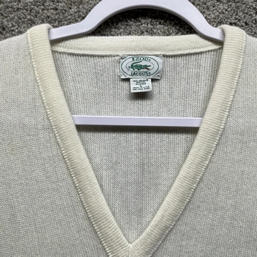 Vintage IZOD Lacoste Sweater Mens Large White Grandpa V Neck Orlon‎ Made USA 80s